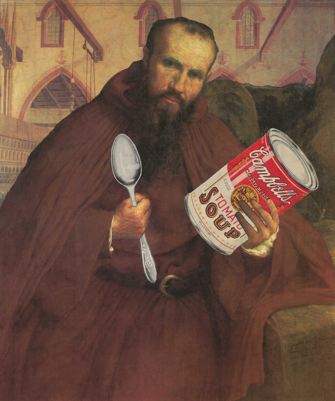 Old World painting of man holding a more modern spoon and can of soup.