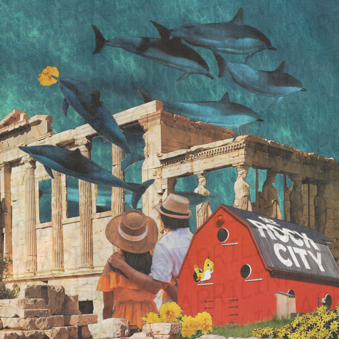 Dolphin Encounter print of hand cut collage