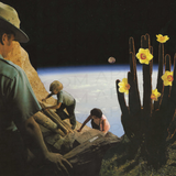 Escape from Earth vintage collage with explorers climbing rocks, a yellow-flowered cactus, and Earth's horizon beneath a starry sky.