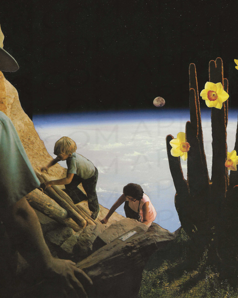 Escape from Earth vintage collage with explorers climbing rocks, a yellow-flowered cactus, and Earth's horizon beneath a starry sky.