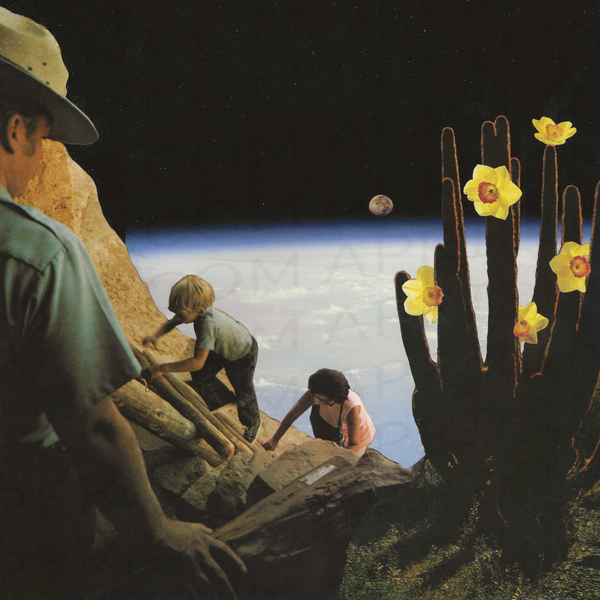Escape from Earth vintage collage with explorers climbing rocks, a yellow-flowered cactus, and Earth's horizon beneath a starry sky.