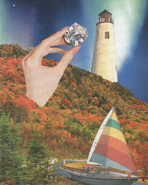 Mountain Lighthouse print of hand cut collage