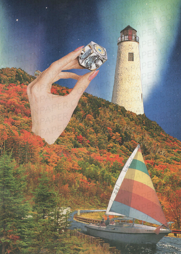 Mountain Lighthouse print of hand cut collage
