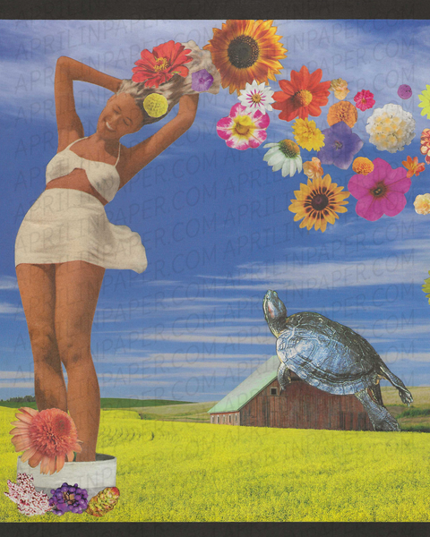 Girl and Turtle print of hand cut collage