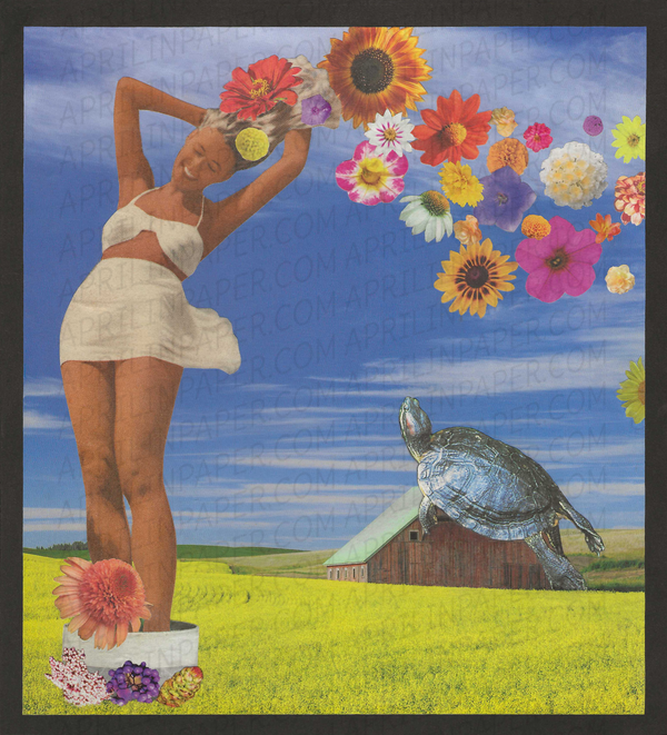 Girl and Turtle print of hand cut collage