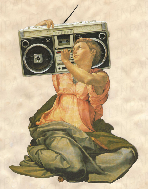 Boombox Babe print of hand cut collage