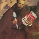 Old World painting of man holding a more modern spoon and can of soup.