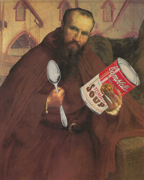 Old World painting of man holding a more modern spoon and can of soup.