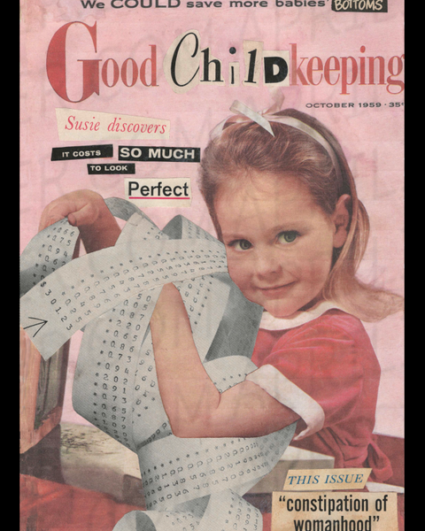 Vintage magazine cover with a young girl holding an impossibly long receipt.  Related article is called "Little Susie discovers it cost so much to look perfect"