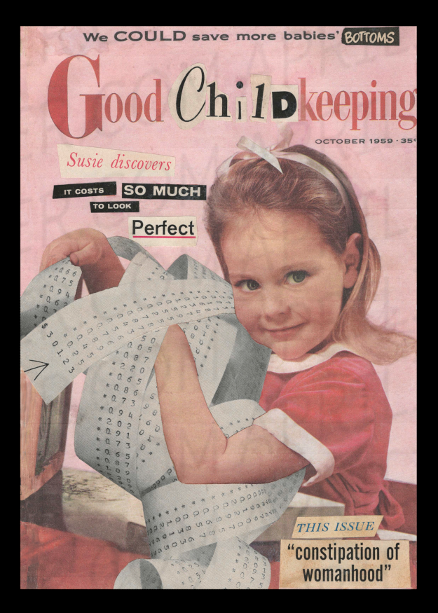Vintage magazine cover with a young girl holding an impossibly long receipt.  Related article is called "Little Susie discovers it cost so much to look perfect"
