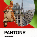 Vintage pinup girl riding a scooter created on a Pantone 1797 card.  A window in the background reveals a view of Paris and the Eiffel Tower