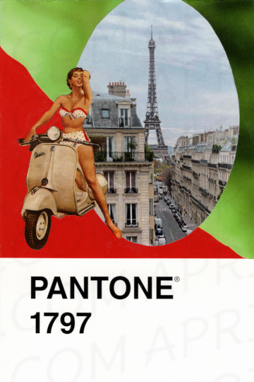 Vintage pinup girl riding a scooter created on a Pantone 1797 card.  A window in the background reveals a view of Paris and the Eiffel Tower