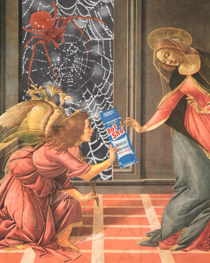Surreal interpretation of an old world masterpiece.  An angel hands Mary a bottle of bug spray to help her with her spider problem