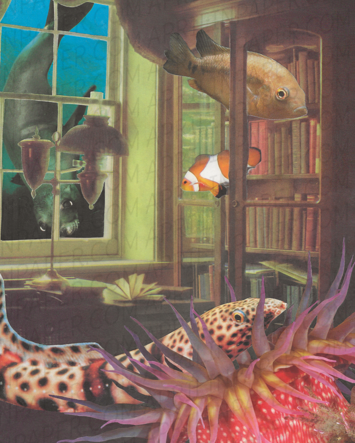 Sunken Library Hand Cut Surreal Collage PRINT