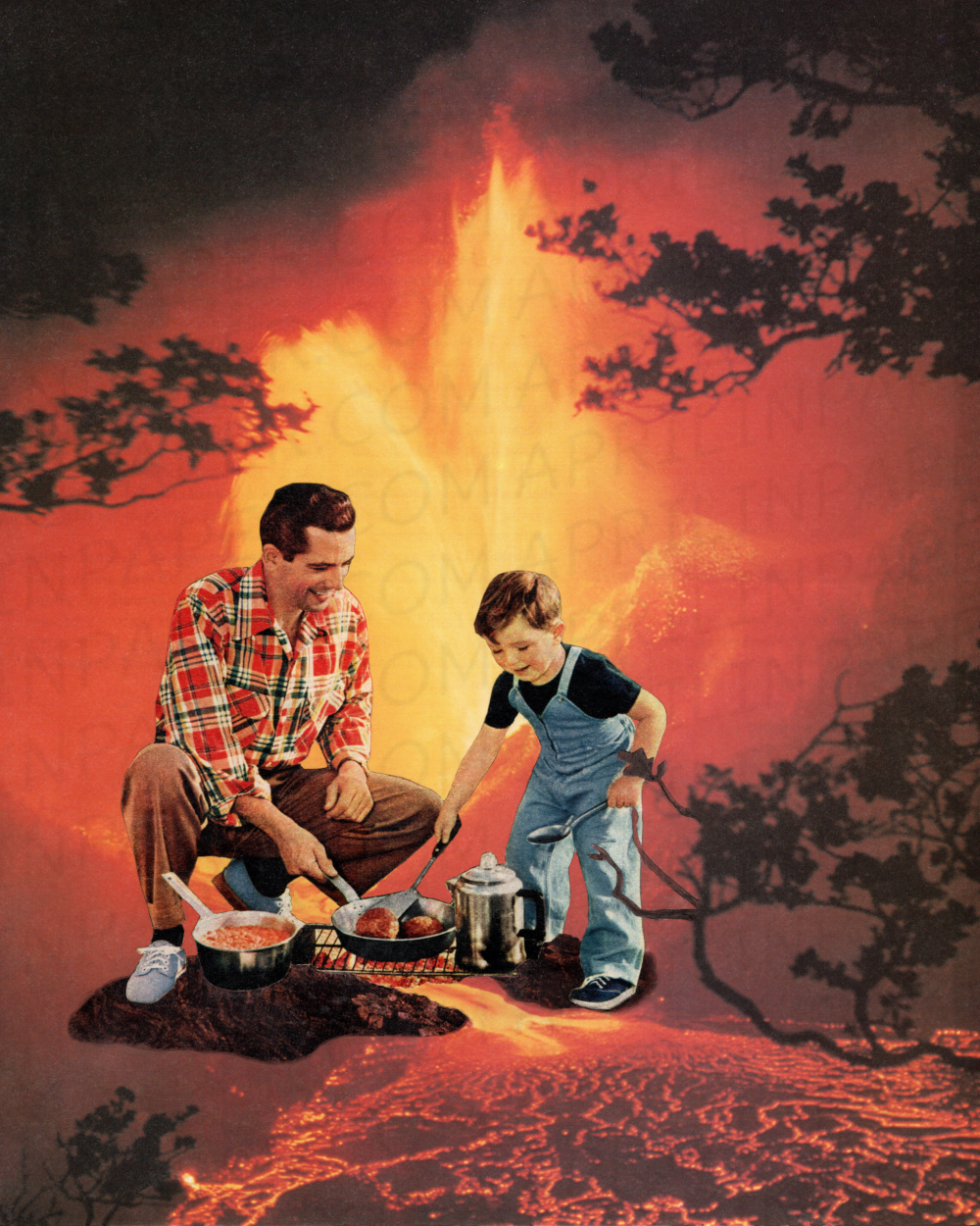 Volcano Campfire PRINT of hand cut collage Surrealism